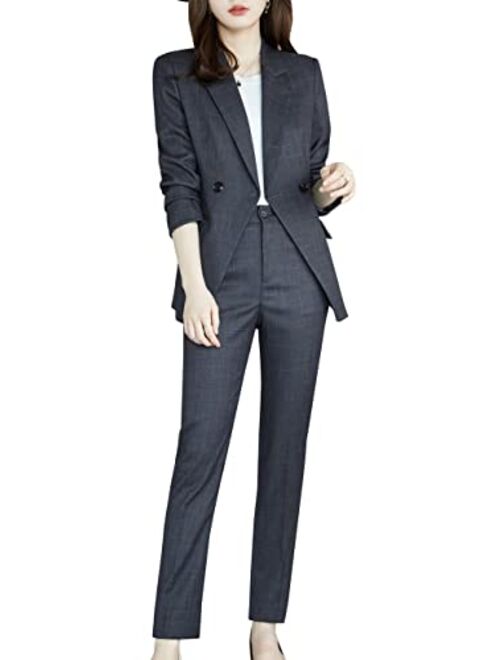 SUSIELADY Women's Two Piece Plaid Open Front Long Sleeve Blazer and Elastic Waist Pant Set Suit