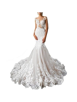 Alanre Backless Bridal Gowns Flower Lace Wedding Dresses for Bride Mermaid Dress