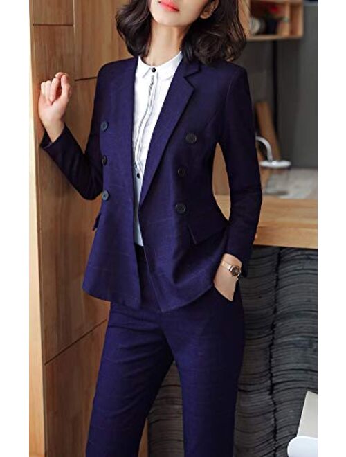 Lisueyne Women’s Formal Two Piece Solid Blazer Sets Double Breasted Notched Office Lady Suit Set Work Blazer Jacket Pant