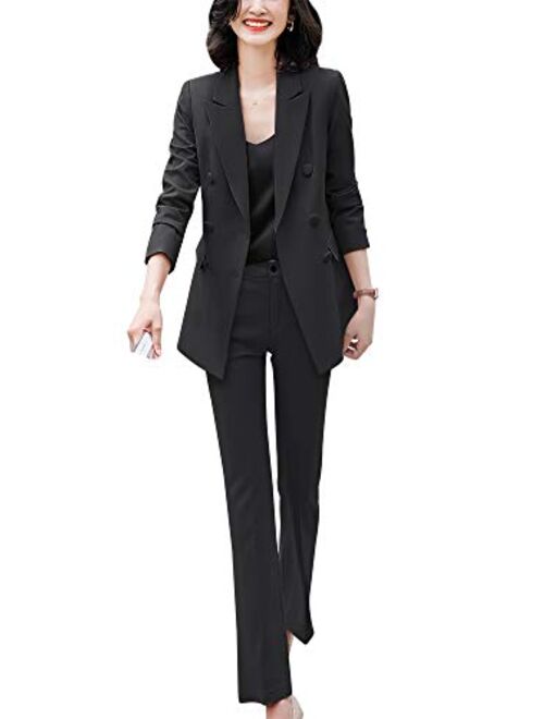 Lisueyne Women’s Formal Two Piece Solid Blazer Sets Double Breasted Notched Office Lady Suit Set Work Blazer Jacket Pant