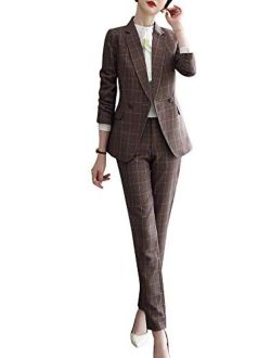 Women’s Business Two Piece Plaid Blazer Sets Double Breasted Office Work Blazer Jacket Pantsuits