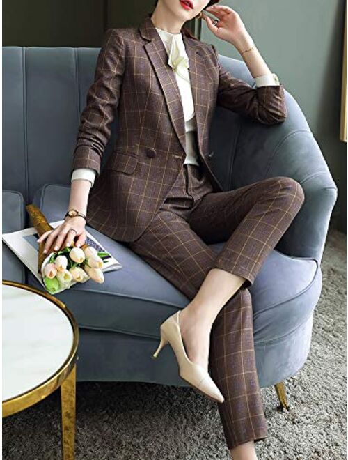 Women’s Business Two Piece Plaid Blazer Sets Double Breasted Office Work Blazer Jacket Pantsuits