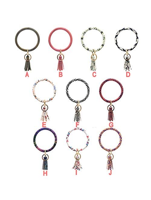 Key Ring Bracelets Wristlet Tassel Keychain Bangle Keyring, Large Wrist Leather Circle Tassel Bracelet Holder for Women Girls (E)