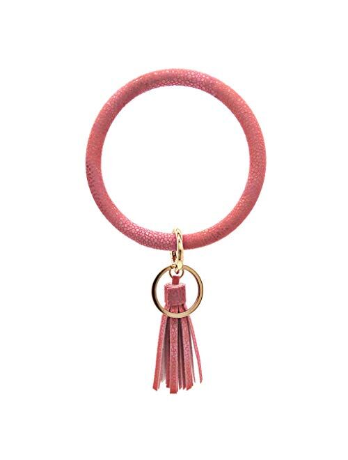 Key Ring Bracelets Wristlet Tassel Keychain Bangle Keyring, Large Wrist Leather Circle Tassel Bracelet Holder for Women Girls (E)