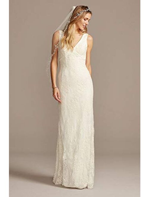 David's Bridal Flower Lace V-Neck Wedding Dress with Empire Waist Style KP3783