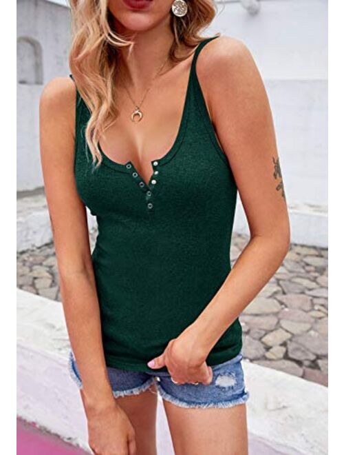 Womens Scoop Neck Henley Tank Tops Low Cut Solid Sexy Summer Sleeveless Button Down Shirts