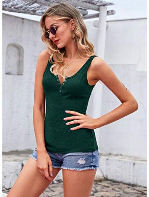 Womens Scoop Neck Henley Tank Tops Low Cut Solid Sexy Summer Sleeveless Button Down Shirts