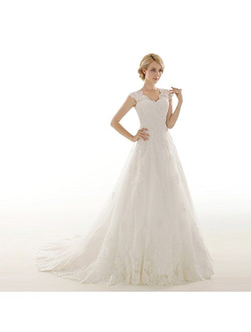 Snowskite Womens A-line V Neck Vintage Lace Wedding Dress