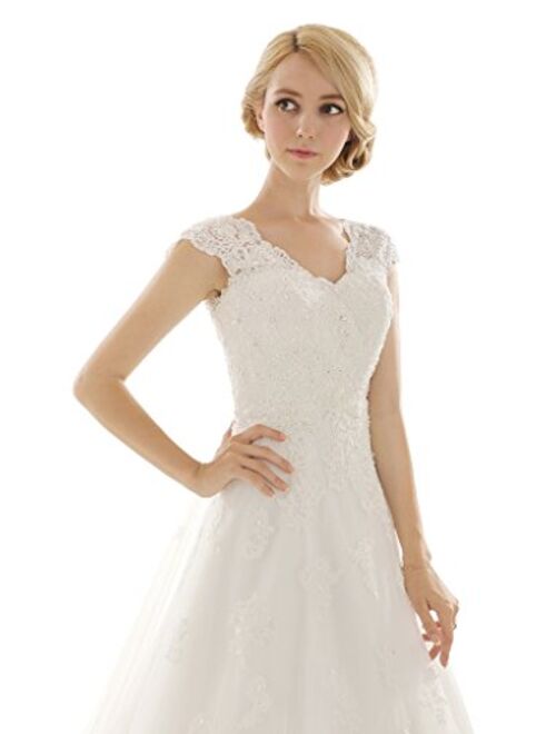 Snowskite Womens A-line V Neck Vintage Lace Wedding Dress