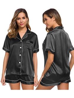 SWOMOG Womens Silk Satin Pajamas Set Two-Piece Pj Sets Sleepwear Loungewear Button-Down Pj Sets