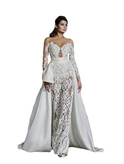 Illusion Jumpsuit Wedding Dresses Long Sleeves with Appliques Lace Bridal Jumpsuit for Wedding with Detachable Train