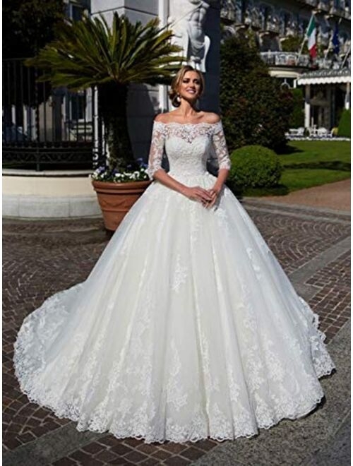 Rmaytiked Women's Wedding Dresses Ball Gown 3/4 Sleeves Lace Tulle Off The Shoulder Wedding Dresses for Bride