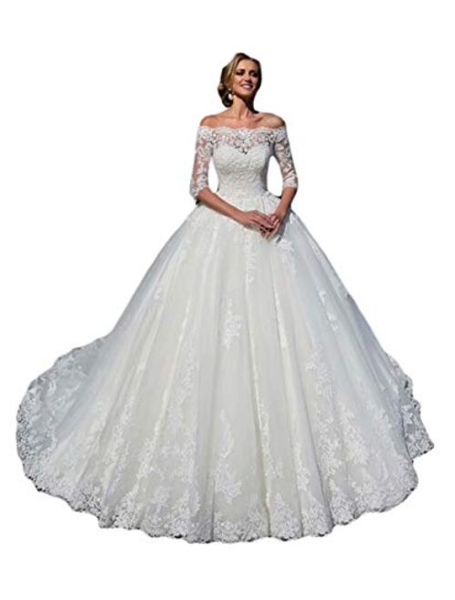Rmaytiked Women's Wedding Dresses Ball Gown 3/4 Sleeves Lace Tulle Off The Shoulder Wedding Dresses for Bride