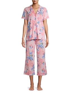 Floral Completely Pink Notch Collar Top & Capri Pajama Sleep Set