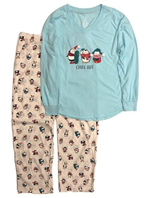 Secret Treasures Womens Blue & Cream Penguin Chill Out Holiday Pajamas Christmas Sleep Set