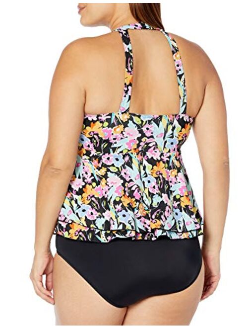 Fit 4 U Women's Plus Size Summer Breeze High Neck 2 Tier H Back with Ruffle Swim Top