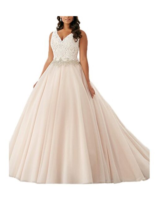 Beauty Bridal Plus Size V Neck Lace Bridal Gown Wedding Dresses(26W,Ivory)