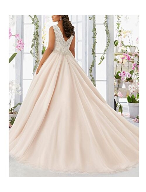 Beauty Bridal Plus Size V Neck Lace Bridal Gown Wedding Dresses(26W,Ivory)