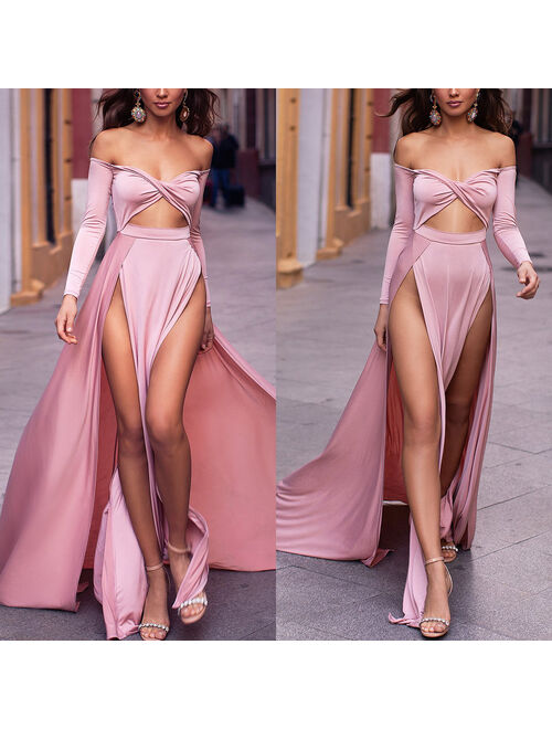 New ladies sexy dress sexy word shoulder long sleeve tight double slit seam birthday party night dress