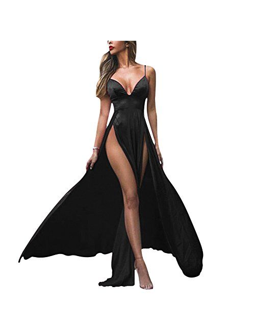 LeoGirl Women's Deep Double Slit Long Prom Dress Straps A-Line Evening Gown