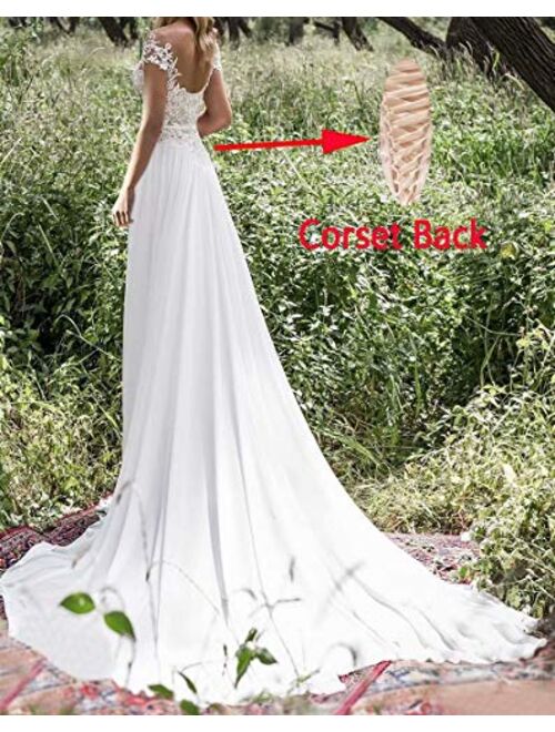 Sexy High Slit Side Summer Bridal Gown Lace Chiffon a Line Beach Wedding Dress