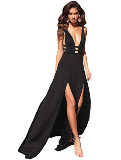 Women's V Neck A Line Evening Gowns Prom Maxi Party Dresses Long Formal Backless with Slit