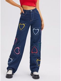 High Waist Heart Print Wide Leg Jeans