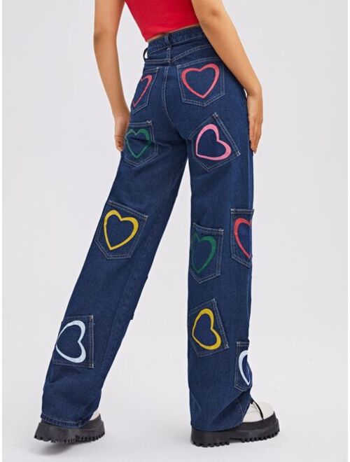 Shein High Waist Heart Print Wide Leg Jeans