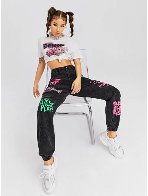 Shein High Waist Letter Graphic Jogger Jeans