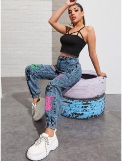 High Waisted Slogan Graphic Ripped Detail Jeans