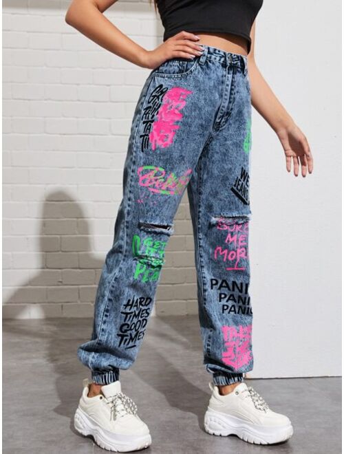 Shein High Waisted Slogan Graphic Ripped Detail Jeans