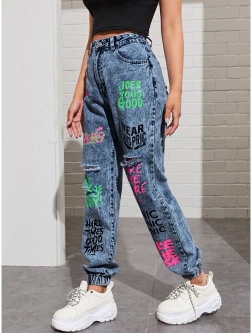 Shein High Waisted Slogan Graphic Ripped Detail Jeans