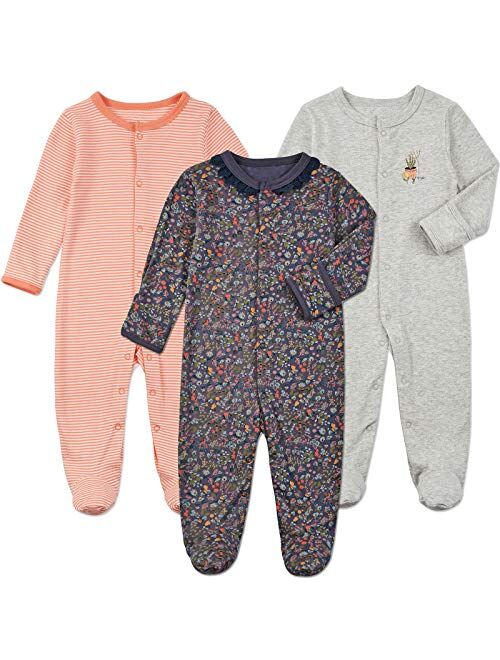 3 Packs Infant Girls Boys Footie Onesies Sleeper Newborn Cotton Sleepwear Outfits Baby Footed Pajamas with Mittens 
