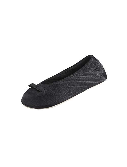 isotoner Women's Satin Ballerina Slipper with Bow, Suede Sole
