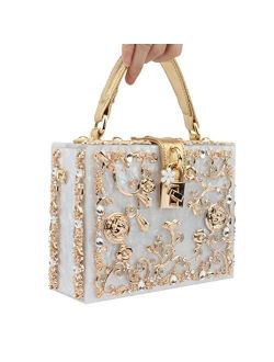 Fashion Box Evening Bag Diamond Flower Clutch Bag Hollow Relief Acrylic Luxury Handbag Banquet Party Purse Women's Shoulder Bag(White)