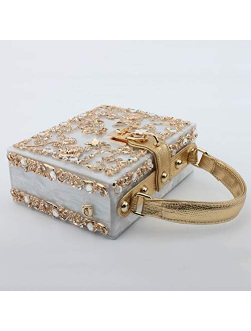 Fashion Box Evening Bag Diamond Flower Clutch Bag Hollow Relief Acrylic Luxury Handbag Banquet Party Purse Women's Shoulder Bag(White)