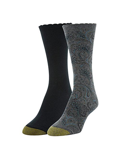 Gold Toe Women's Little Paisley and Flat Knit Crew Socks, 2 Pairs, charcoal/black, Shoe Size: 6-9