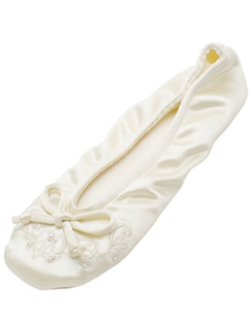 isotoner Women's Satin Ballerina Slippers with Embroidered Pearl