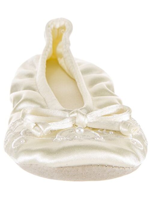 isotoner Women's Satin Ballerina Slippers with Embroidered Pearl