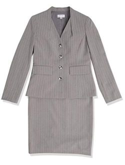 Women's Collarless 4 Button Striped Jacket and Skirt Set