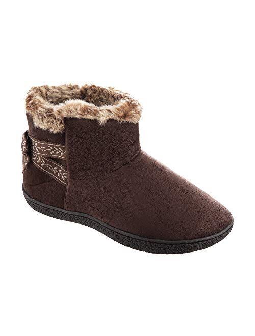 isotoner Women's Memory Foam Nora Boot faux Fur and Bow Detail With Indoor Outdoor Comfort Sole Slipper