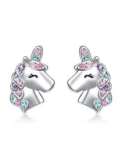UNGENT THEM Silver Unicorn Stud Earrings for Little Girls Hypoallergenic CZ Unicorn Lovely Gifts for Daughter Birthday Party