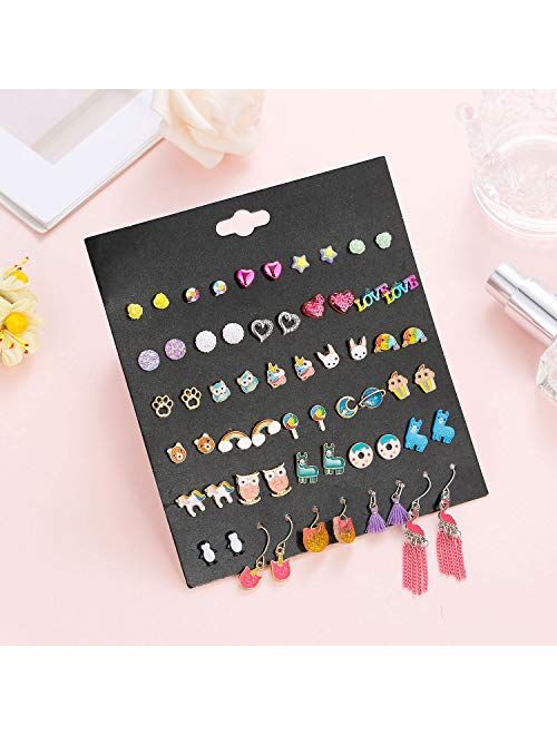 Hypoallergenic Earrings for Girls Kids, Colorful Stud Earrings, Animal Alpaca Rainbow Unicorn Cute Earring Jewelry Set Gifts for Girls Kids Women