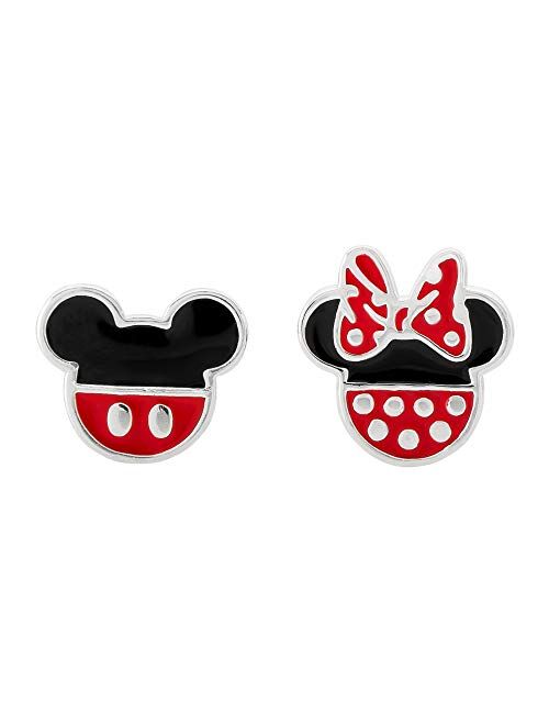 Disney Mickey Mouse and Minnie Mouse Mismatched Silver Plated Stud Earrings; Jewelry for Women and Girls