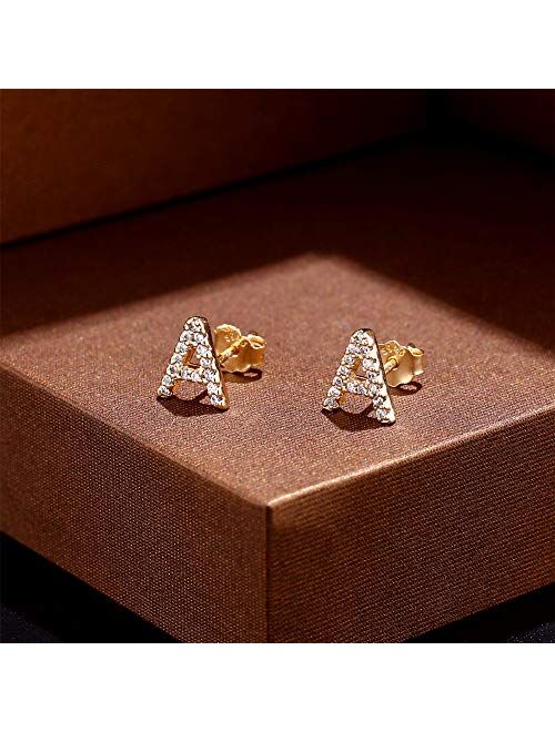 Initial Stud Earrings for Girls - 14K Rose Gold Plated S925 Sterling Silver Post CZ Alphabet Letter Stud Girls Earrings CZ Hypoallergenic Initial Studs Earrings for Women