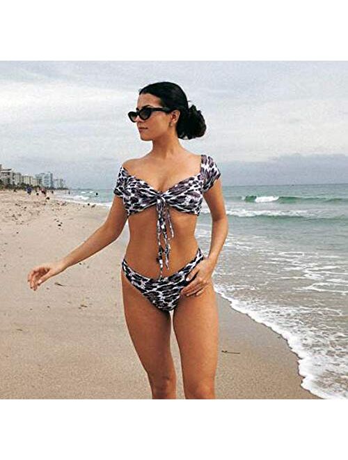 PRETTYGARDEN Women's Two Pieces Leopard Print Knot Front Crop Off-Shoulder High Cut Bandeau Bikini Sets Tanning Bathing Suit