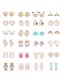 24 Pairs Stainless Steel Stud Earrings Set Animal Butterfly Rainbow Star Unicorn Cute Earring Jewelry Gifts for Girls Kid