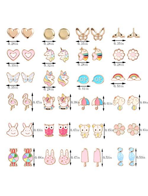 24 Pairs Stainless Steel Stud Earrings Set Animal Butterfly Rainbow Star Unicorn Cute Earring Jewelry Gifts for Girls Kid
