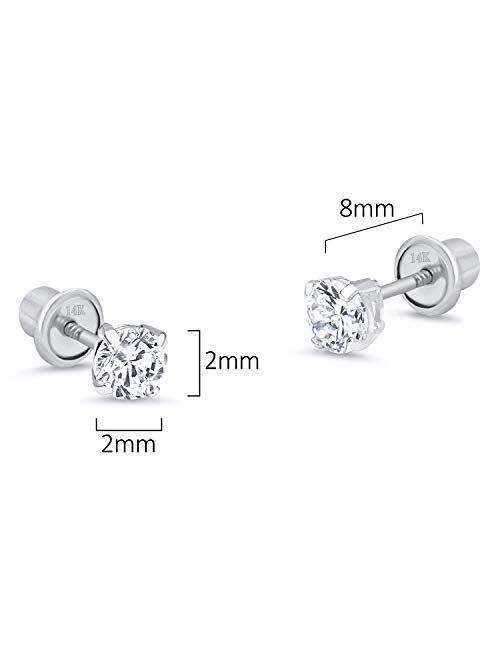 Lovearing 14k White Gold 2-6mm Basket Round Solitaire Cubic Zirconia Children Screw Back Baby Girls Earrings