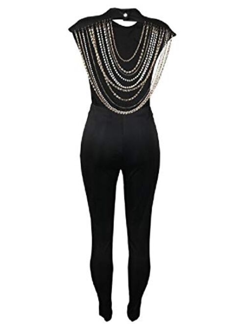 ouxiuli Womens Fashion Sleeveless Jumpsuit, Pearl Beading Backless Bodycon Jumpsuit